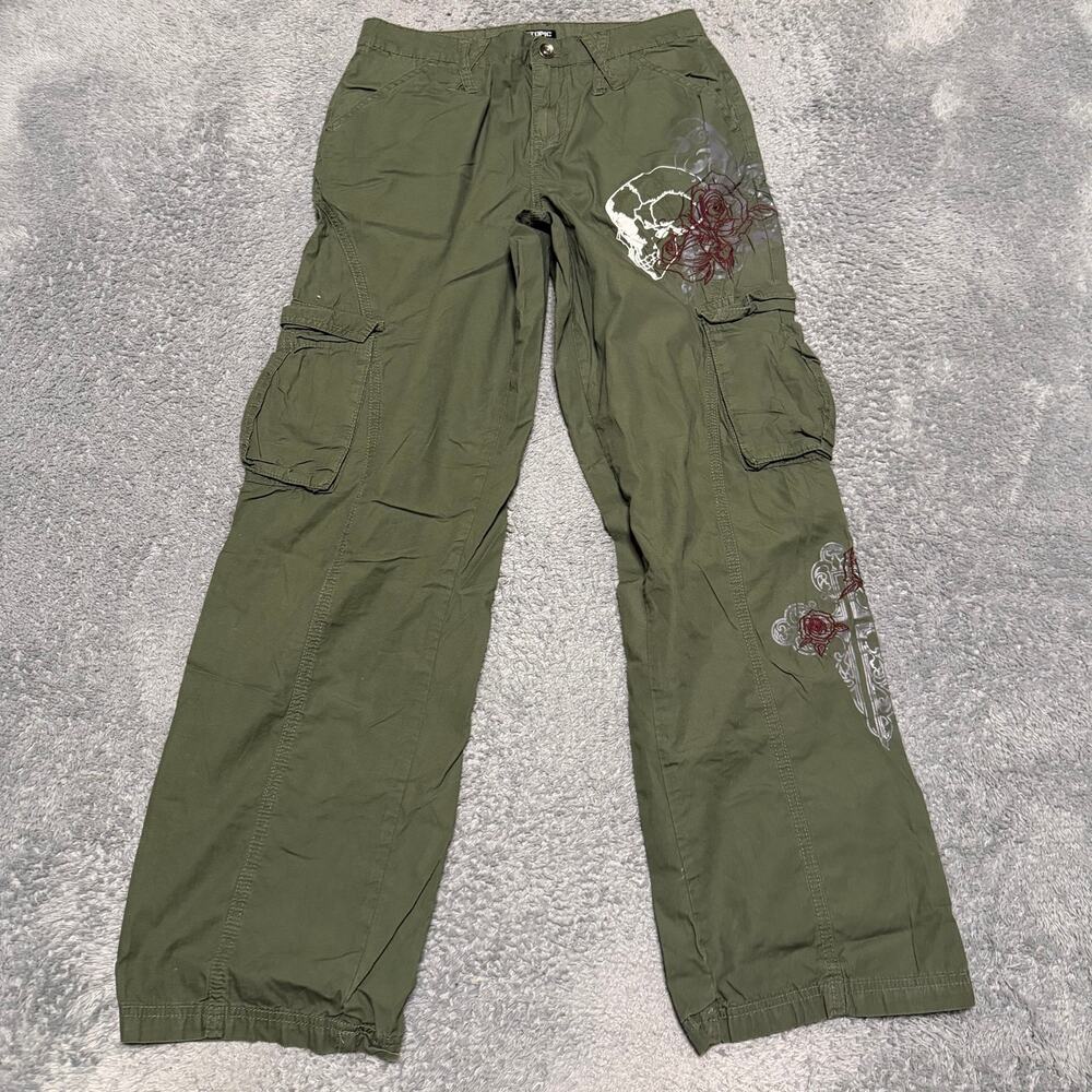 Hot Topic Green Cargo Pants Womens 3 (29x30) Skull Rose Cross Goth Grudge Y2K